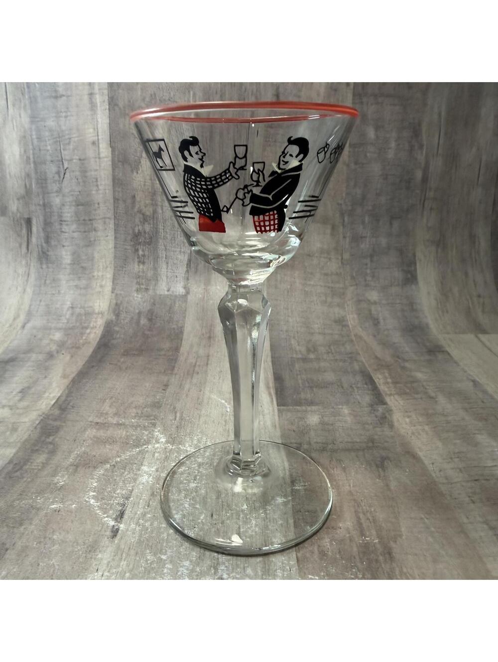 VTG Libbey Pickwick Dickens Merrymakers Martini Cordial Glass 2 Men Drinking